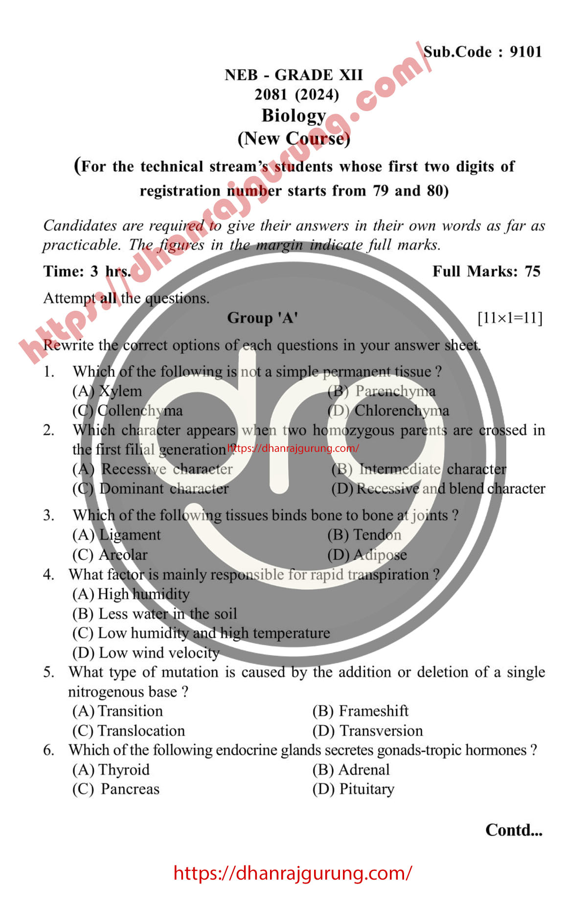 NEB Class 12 Biology Technical Stream Exam Paper 2081-2024_1